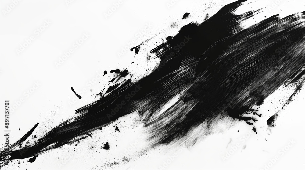 Abstract Black Paint Brush Stroke and Splatter on White Background - Modern Art Texture