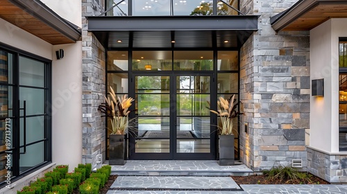 Contemporary front door with sleek glass, steel frame, and fingerprint lock