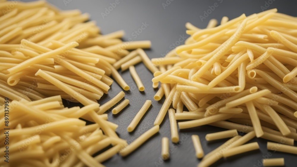 Uncooked yellow spaghetti in a spread vibrant against a dark background raw and ready for cooking. Uncooked yellow spaghetti in a spread vibrant against a dark background raw and ready for cooking.