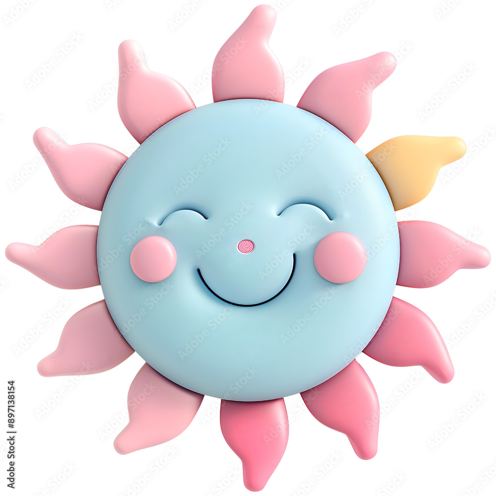 3D Kawaii Sun with Smiling Face and Pastel Colors Isolated on Transparent Background