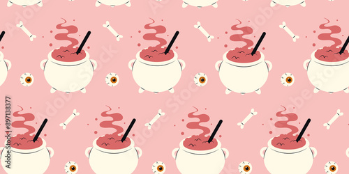 Cute Halloween seamless pattern with witchs cauldron, bones and human eyes on pink background. Halloween various elements. Pattern for print design. Stock illustration in cartoon style.