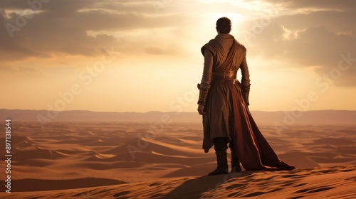 Photograph of a young sultan, bathed in the ethereal glow of the desert sunset, standing amidst a mesmerizing oasis of lush greenery and crystal-clear water.