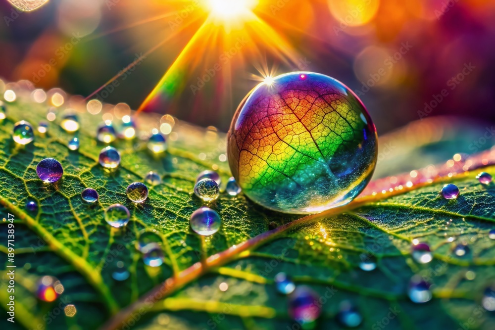 Vibrant morning dewdrop on a delicate leaf sparkles with tiny rainbow hues, mirroring the warm sun's rays in a breathtakingly sharp, intimate macro perspective. Vibrant morning dewdrop on a delicate leaf sparkles with tiny rainbow hues, mirroring the warm sun's rays in a breathtakingly sharp, intimate macro perspective.
