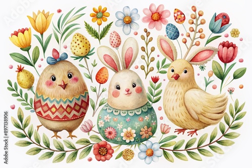 Delicate watercolor illustration frame features charming Easter elements, smiling chickens, bunnies, and floral motifs in traditional eastern European folk style with soft,