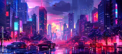 Neon-Lit Cityscape with Cars and Trees at Night