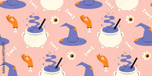 Cute Halloween seamless pattern with cauldron, hat, hand and eyes on pink background. Various flat elements. Pattern for wrapping paper and print design. Stock illustration in cartoon style