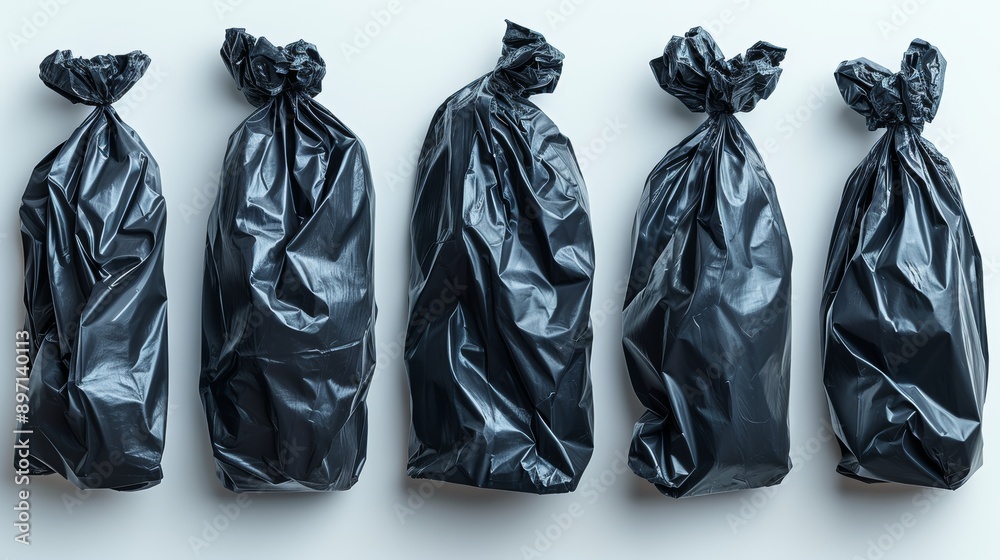 Five tied black garbage bags on white background Five tied black garbage bags on white background