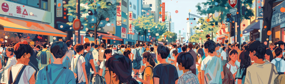 Obraz premium A bustling street scene in Tokyo, Japan, showcasing the energy and diversity of the city. The image captures the vibrancy of the city with people walking on the street, shops on either side, and the b