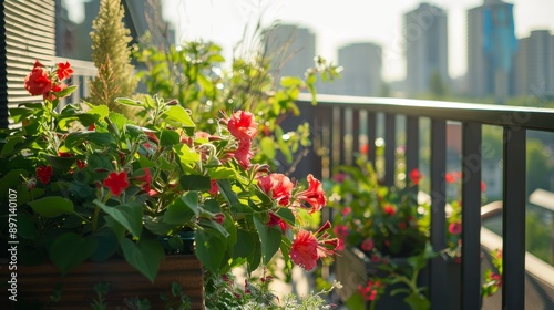 A close-up shot of red flowers blooming in a pot on a balcony with a cityscape backdrop, symbolizing urban gardening, nature in the city, beauty in everyday life, vibrant colors, and a sense of peace.