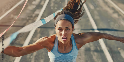 hispanic female athlete crosses the finish line of a race, her determined expression and outstretched arms highlighting her triumph.