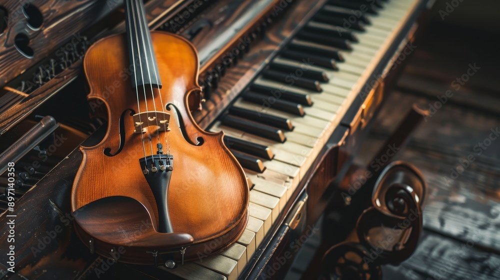 Naklejka premium A close-up shot of a violin resting on the keys of an old piano, symbolizing music, harmony, creativity, passion, and the beauty of instruments.