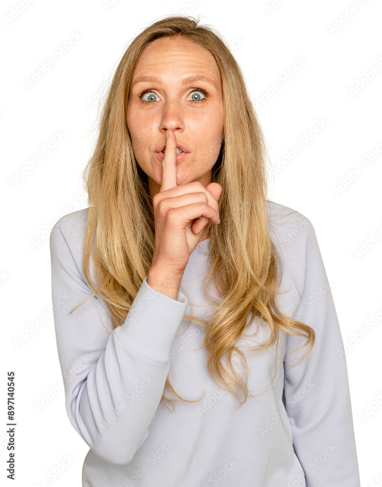 Woman shushing gesture mockup png on transparent background Woman shushing gesture mockup png on transparent background