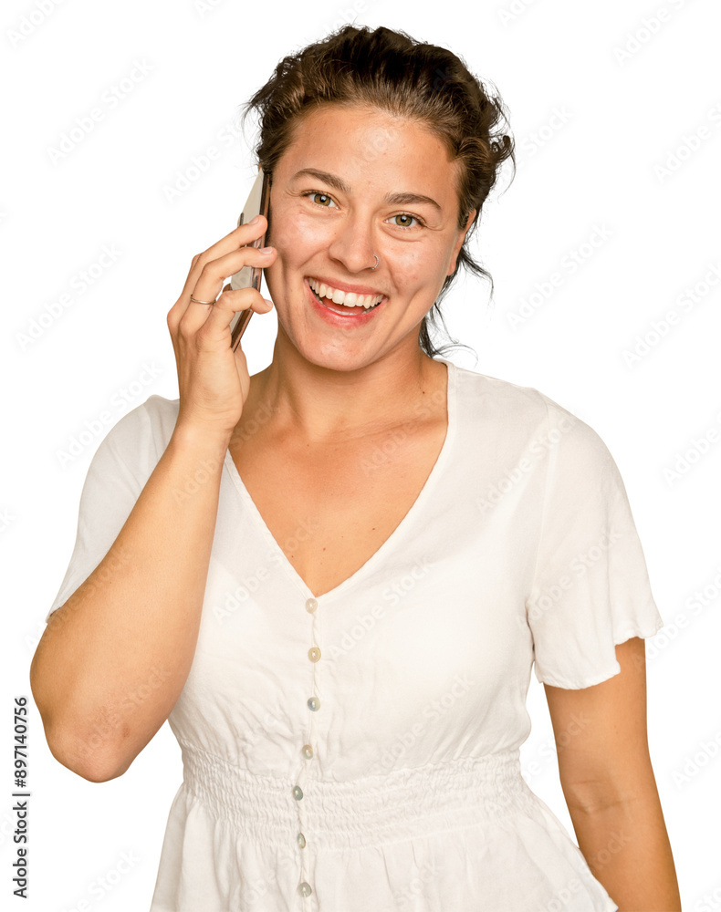 Beautiful woman mockup png having a phone call digital device Beautiful woman mockup png having a phone call digital device