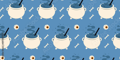 Cute Halloween seamless pattern with witchs cauldron, bones and human eyes on blue background. Halloween various elements. Pattern for print design. Stock illustration in cartoon style.