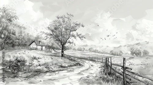 A black and white illustration of a rural landscape with a small cabin in the distance.