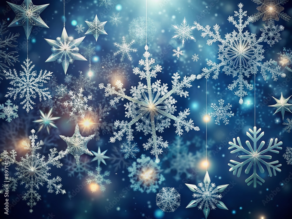 Delicate snowflakes with intricate details gently fall on a dark blue background, creating a soft, ethereal atmosphere with a serene and peaceful winter wonderland scene. Delicate snowflakes with intricate details gently fall on a dark blue background, creating a soft, ethereal atmosphere with a serene and peaceful winter wonderland scene.