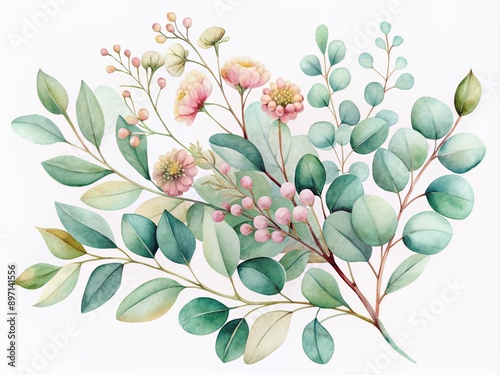 Fototapeta Naklejka Na Ścianę i Meble -  Delicate, hand-painted watercolor eucalyptus leaves, branches, and flowers in soft, pastel hues, perfect for adding a touch of whimsy to your design projects.