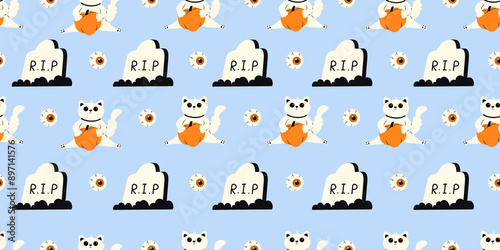 Cute Halloween seamless pattern with cat, tombstone and eyes on pink background. Halloween various elements. Pattern for wrapping paper and print design. Stock illustration in cartoon style.