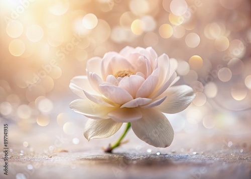 Delicate petals of a solo flower softly shine against a serene, creamy blurred background, evoking a sense of gentle beauty and tranquil natural elegance.