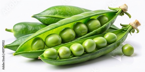 Fresh green pea pod bursting with tender bright green beans isolated on a crisp white background, perfect for vibrant food photography and culinary illustrations.