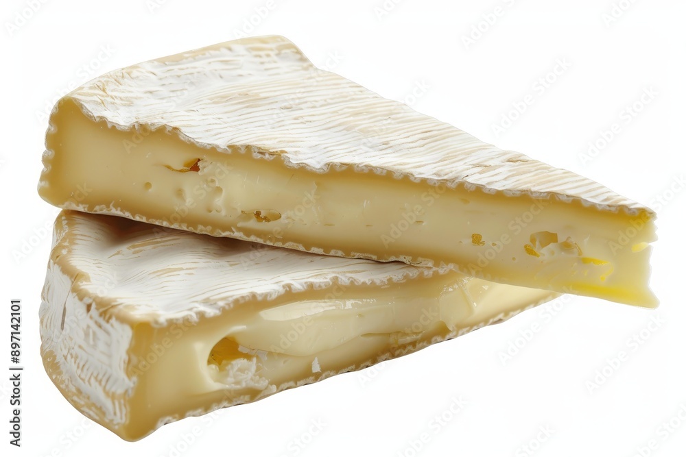 Two wedges of brie cheese are showing their creamy texture on a white background Two wedges of brie cheese are showing their creamy texture on a white background