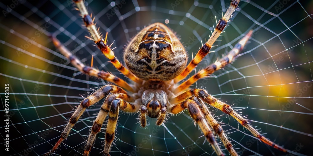 Macro shot of a spider weaving its intricate web, showcasing delicate strands and body details in sharp focus, against a dark, blurred, natural background. Macro shot of a spider weaving its intricate web, showcasing delicate strands and body details in sharp focus, against a dark, blurred, natural background.