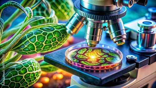 Closeup of a digital microscope examining a plant cell's intricate nucleus and organelles, illuminated with vibrant colors, for an engaging biology class study. photo