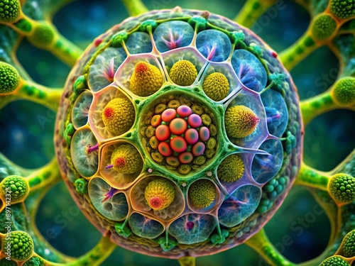 Vibrant microscopic image of an onion cell's intricate structure, showcasing membranous organelles, cell walls, and nucleus, revealing the hidden beauty of plant cell architecture. photo