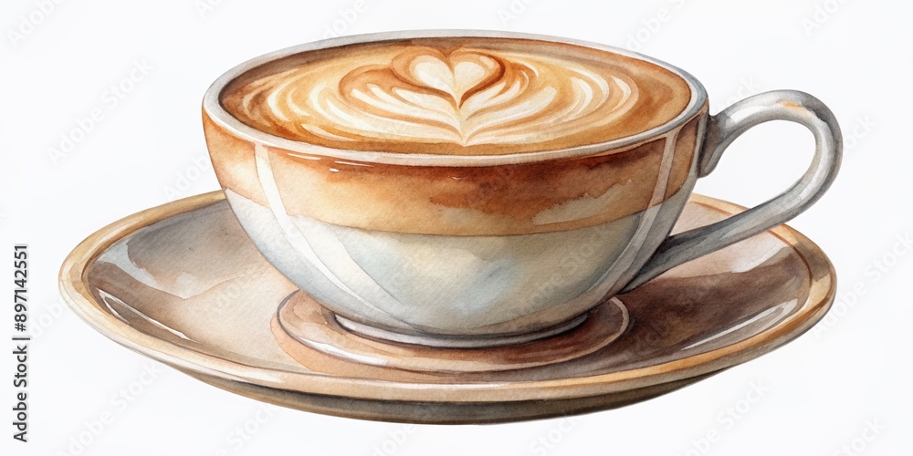 A delicate watercolor illustration of a latte coffee cup on a transparent background, perfect for overlaying on any design or digital project.