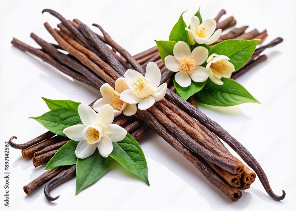 Delicate vanilla sticks adorned with tender flowers and lush greenery isolated on a transparent background, exuding warm, inviting, and elegant aromatic atmosphere. Delicate vanilla sticks adorned with tender flowers and lush greenery isolated on a transparent background, exuding warm, inviting, and elegant aromatic atmosphere.