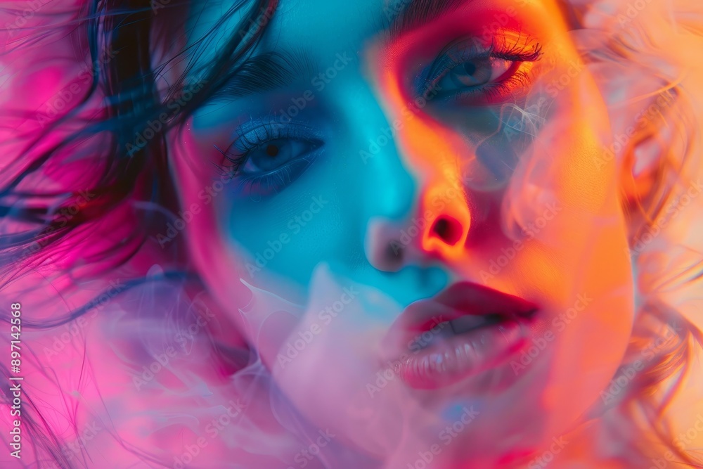 Close up of a young woman with blue and orange lights projected on her face, surrounded by colorful smoke Close up of a young woman with blue and orange lights projected on her face, surrounded by colorful smoke