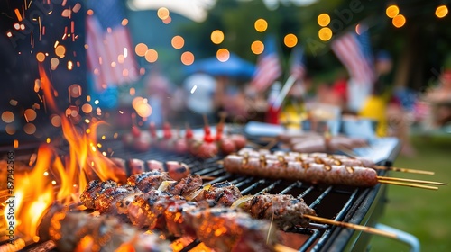 Grilled Kebabs Celebration: American Barbecue Delights on Independence Day with Stars and Stripes, Reflecting Patriotic Spirit.