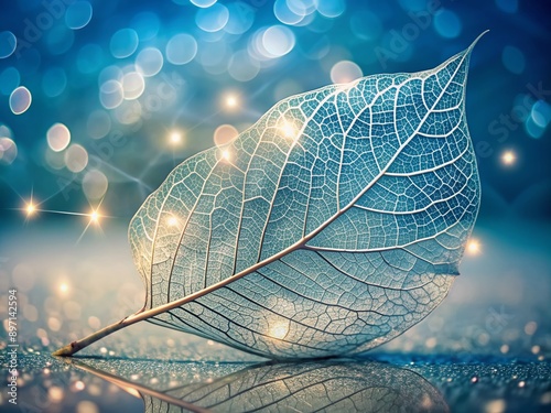 Delicate skeletonized white leaf with intricate veins and lacy patterns resting on a soft light blue background, surrounded by dreamy bokeh and artistic blur.