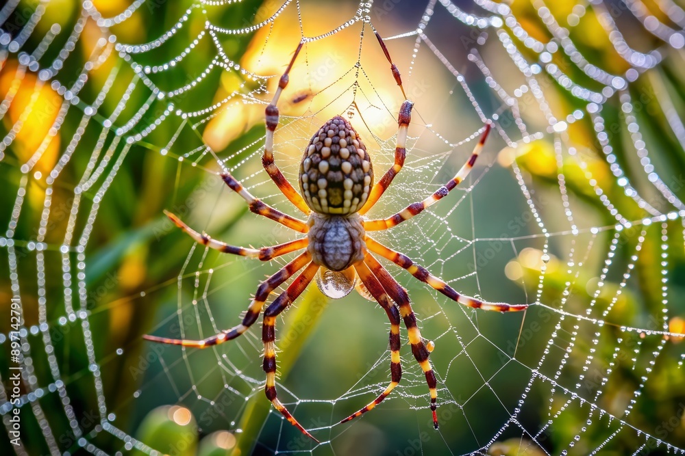 Vibrant garden spider skillfully weaves its geometric masterpiece, threads glisten in morning dew, showcasing the intricate artistry of an arachnid at work in its natural habitat. Vibrant garden spider skillfully weaves its geometric masterpiece, threads glisten in morning dew, showcasing the intricate artistry of an arachnid at work in its natural habitat.