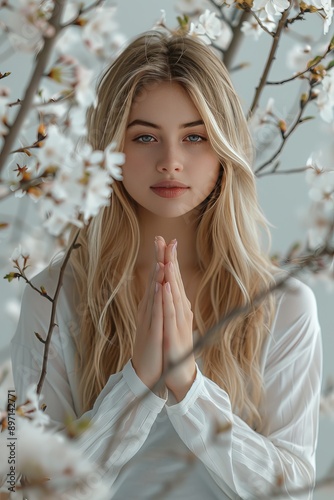 Serene woman meditating in yoga pose among sakura cherry blossoms for peaceful mindfulness