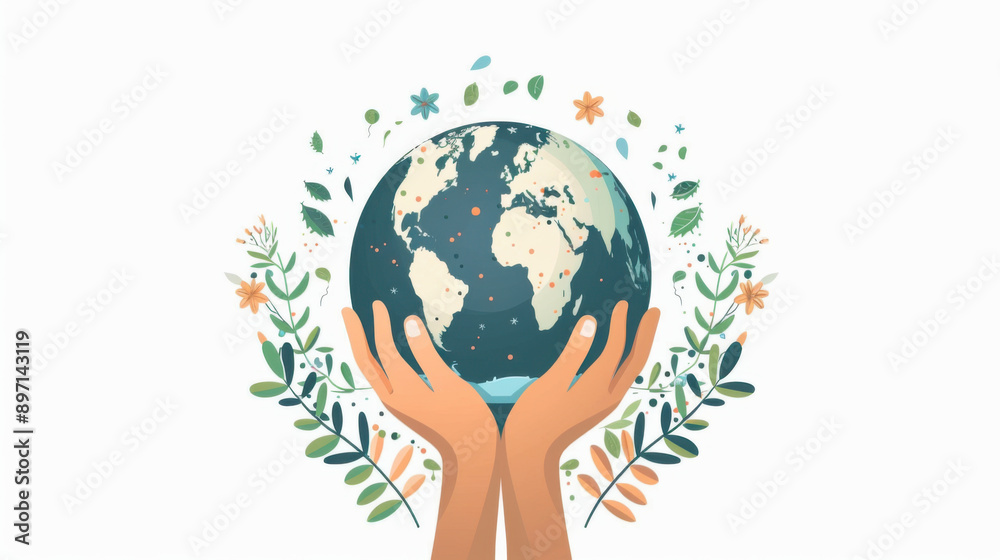 Illustration of hands holding the Earth, encircled by flowers and leaves, representing environmental conservation and global care. Illustration of hands holding the Earth, encircled by flowers and leaves, representing environmental conservation and global care.