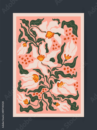 Abstract floral art vector illustration in soft peach and deep green tones