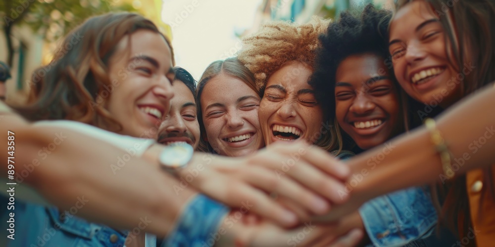 Group of friends walking hand in hand, social gathering or outdoor adventure scene Group of friends walking hand in hand, social gathering or outdoor adventure scene