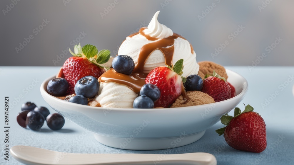 Gourmet ice cream feast large scoop rich caramel fresh berries whipped cream and a spoon for serving. Gourmet ice cream feast large scoop rich caramel fresh berries whipped cream and a spoon for serving.