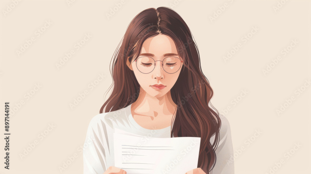 Illustration of a young woman with glasses, attentively reading a document. She appears focused and contemplative. Illustration of a young woman with glasses, attentively reading a document. She appears focused and contemplative.
