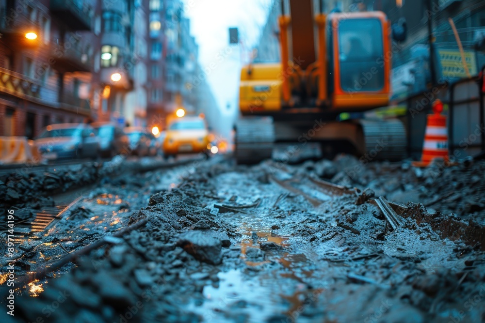 An urban construction site scene on a rainy day with heavy machinery, wet muddy surface, and blurred buildings in the background creating a vivid environment An urban construction site scene on a rainy day with heavy machinery, wet muddy surface, and blurred buildings in the background creating a vivid environment
