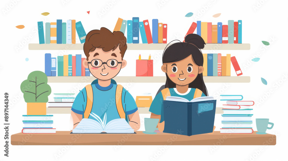 Two children studying in a library, reading books and smiling, surrounded by bookshelves and colorful books. Two children studying in a library, reading books and smiling, surrounded by bookshelves and colorful books.