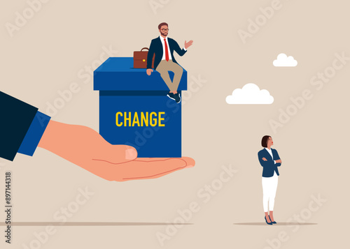 Resistance to risk. Woman rejected change cube box. Fear of change, reluctance to leave comfort. Flat vector illustration