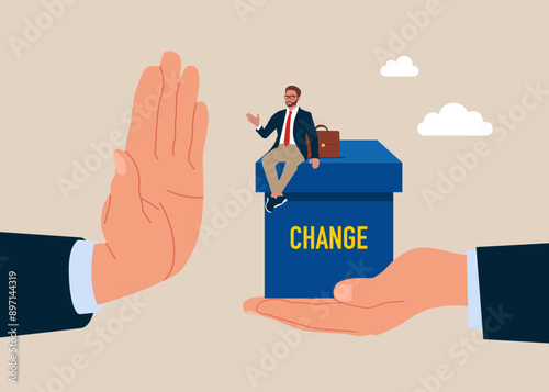 Businessman rejected change cube box. Fear of change, reluctance to leave comfort. Flat vector illustration