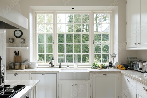 Luxury kitchen with white cabinets and white island. Northwest, USA