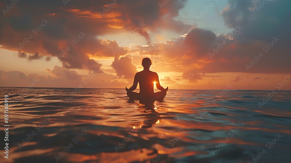 Calm ocean waves with a person practicing deep breathing, mental health, relaxation Calm ocean waves with a person practicing deep breathing, mental health, relaxation
