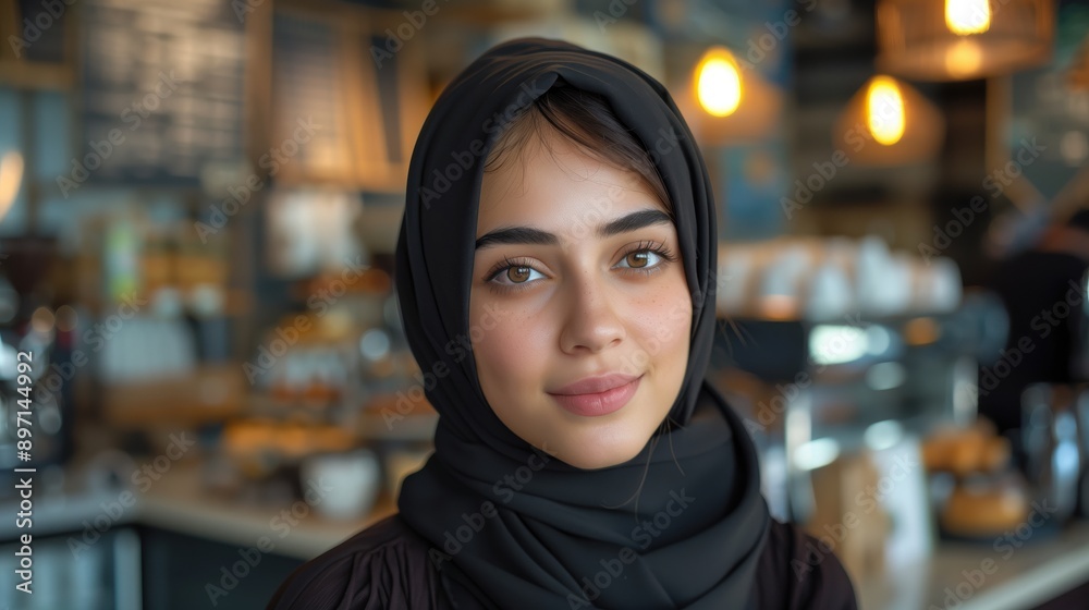 Smiling Hijab-Wearing Barista in Coffee Shop. Smiling young barista wearing a hijab, standing confidently in a coffee shop, ready to serve customers with a welcoming demeanor. Smiling Hijab-Wearing Barista in Coffee Shop. Smiling young barista wearing a hijab, standing confidently in a coffee shop, ready to serve customers with a welcoming demeanor.