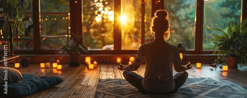 Cozy bedroom with a person practicing progressive muscle relaxation, mental wellness, relaxation