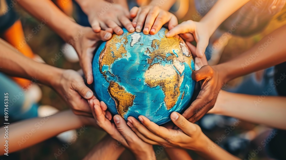 Diverse group of people holding hands around a globe, multicultural unity, global harmony Diverse group of people holding hands around a globe, multicultural unity, global harmony