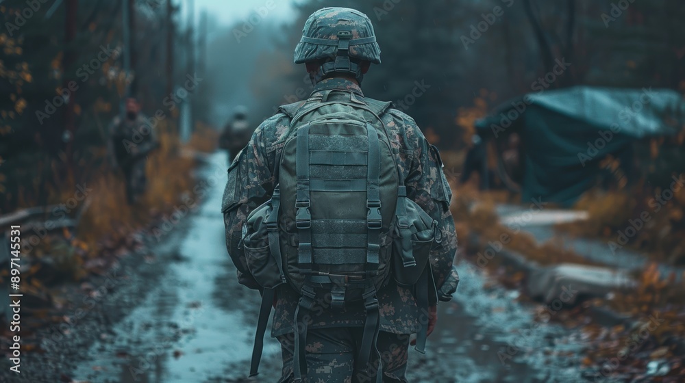 Fototapeta premium A soldier in full gear is walking down a wet, forested path perhaps during a training exercise or an operation, with a foggy backdrop and other soldiers visible in the background